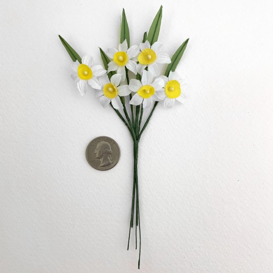 6 White and Yellow Fabric Narcissus Blossoms ~ Austria ~ 1"